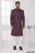 Plum Art Silk Thread Embroidery Sherwani with Men's Kurta and Pajama