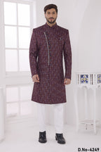 Plum Art Silk Thread Embroidery Sherwani with Men's Kurta and Pajama