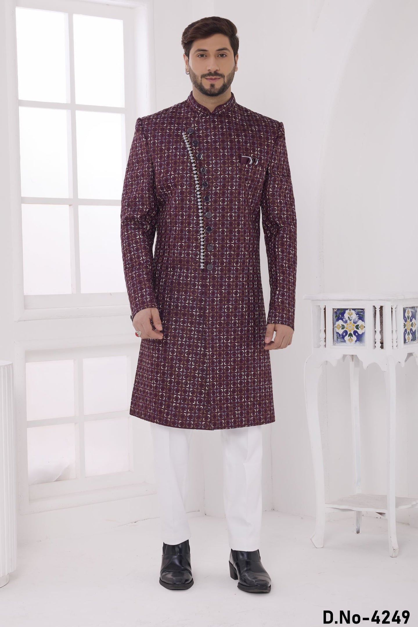 Plum Art Silk Thread Embroidery Sherwani with Men's Kurta and Pajama