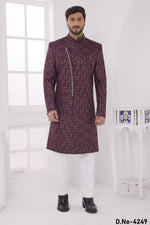 Maroon Art Silk Men's Kurta and Pajama - Thread Embroidered Sherwani