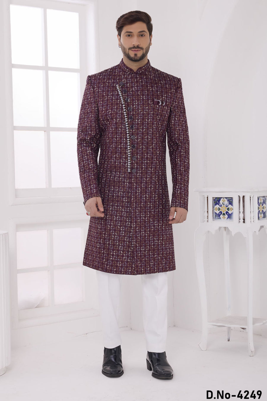 Plum Art Silk Thread Embroidery Sherwani with Men's Kurta and Pajama
