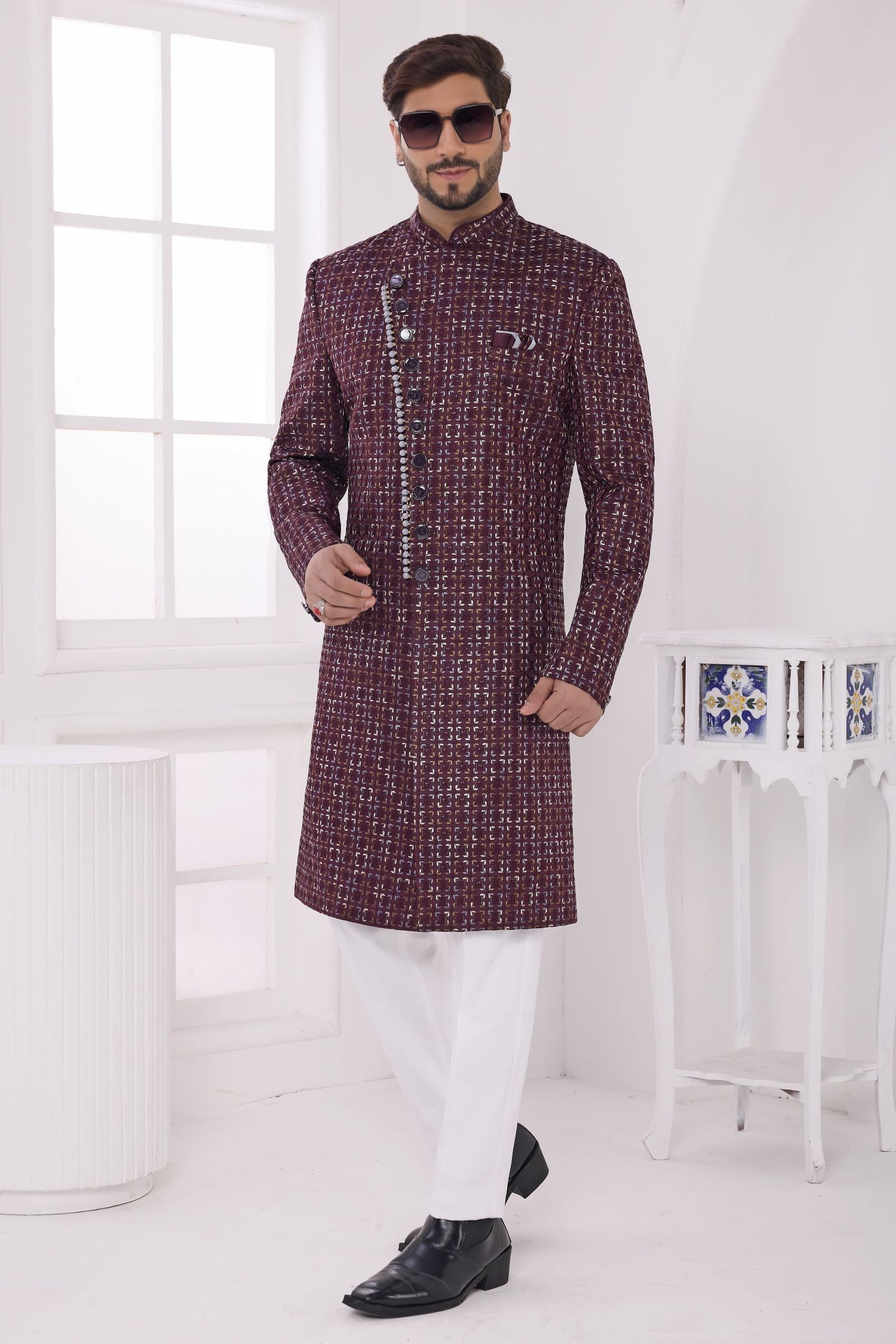 Plum Art Silk Thread Embroidery Sherwani with Men's Kurta and Pajama