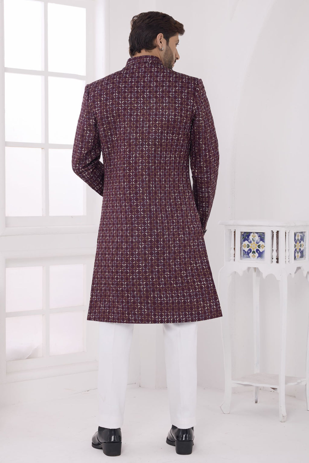 Plum Art Silk Thread Embroidery Sherwani with Men's Kurta and Pajama