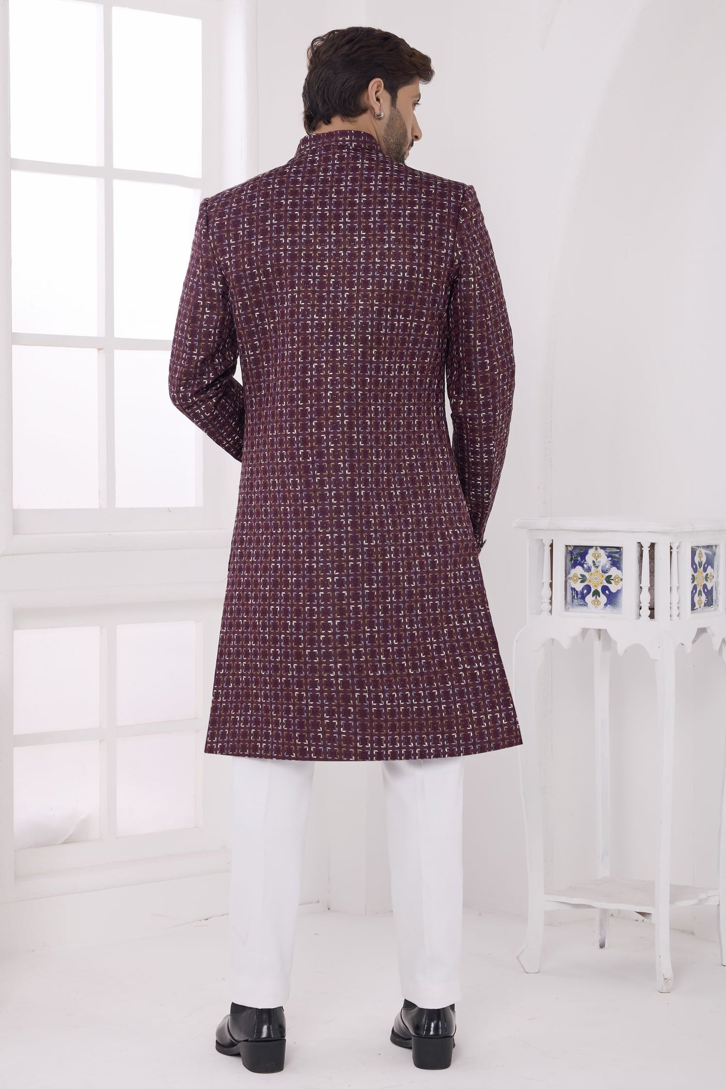 Plum Art Silk Thread Embroidery Sherwani with Men's Kurta and Pajama