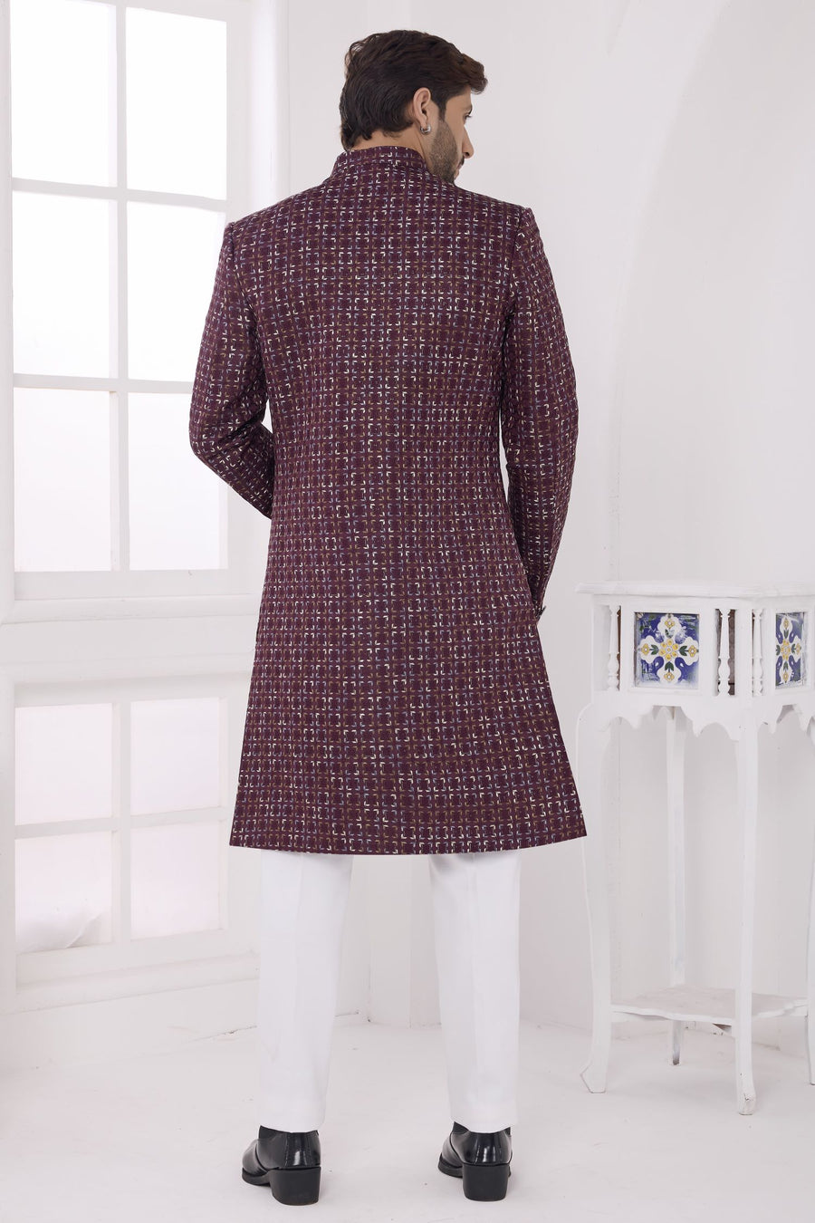Plum Art Silk Thread Embroidery Sherwani with Men's Kurta and Pajama