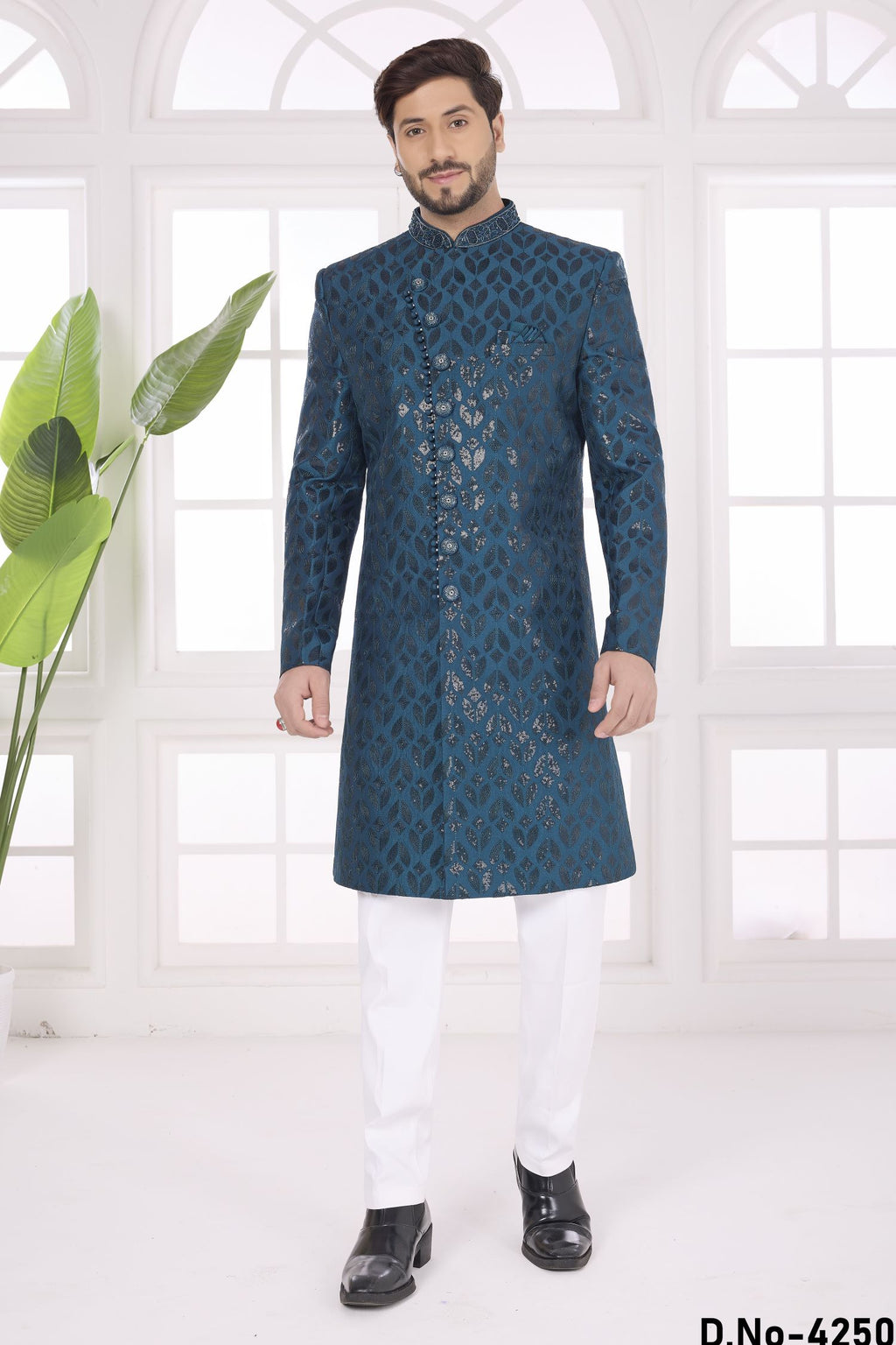 Dark Rama Art Silk Thread Embroidery Sherwani Kurta Set for Men & Pajama