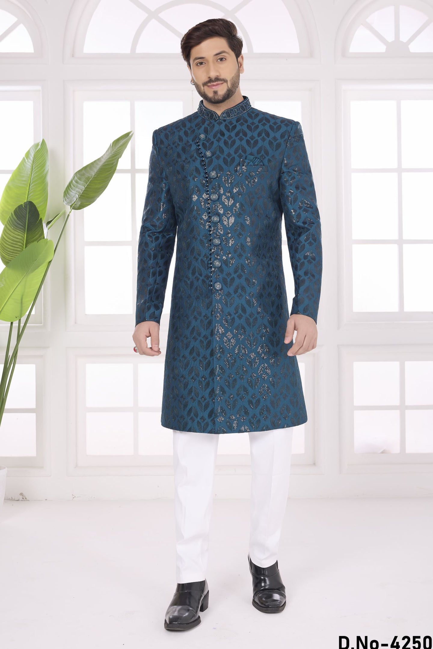 Dark Rama Art Silk Thread Embroidery Sherwani Kurta Set for Men & Pajama
