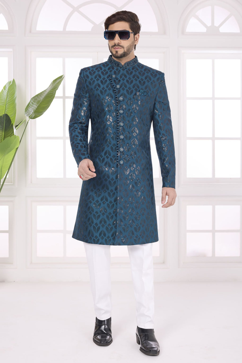 Dark Rama Art Silk Thread Embroidery Sherwani Kurta Set for Men & Pajama