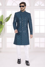 Dark Rama Art Silk Thread Embroidery Sherwani Kurta Set for Men & Pajama