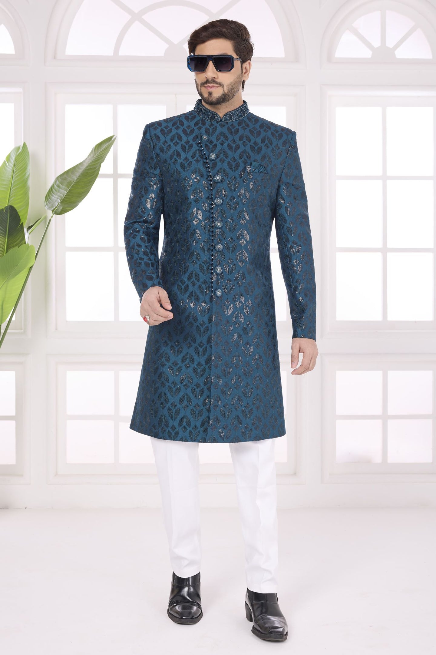 Dark Rama Art Silk Thread Embroidery Sherwani Kurta Set for Men & Pajama