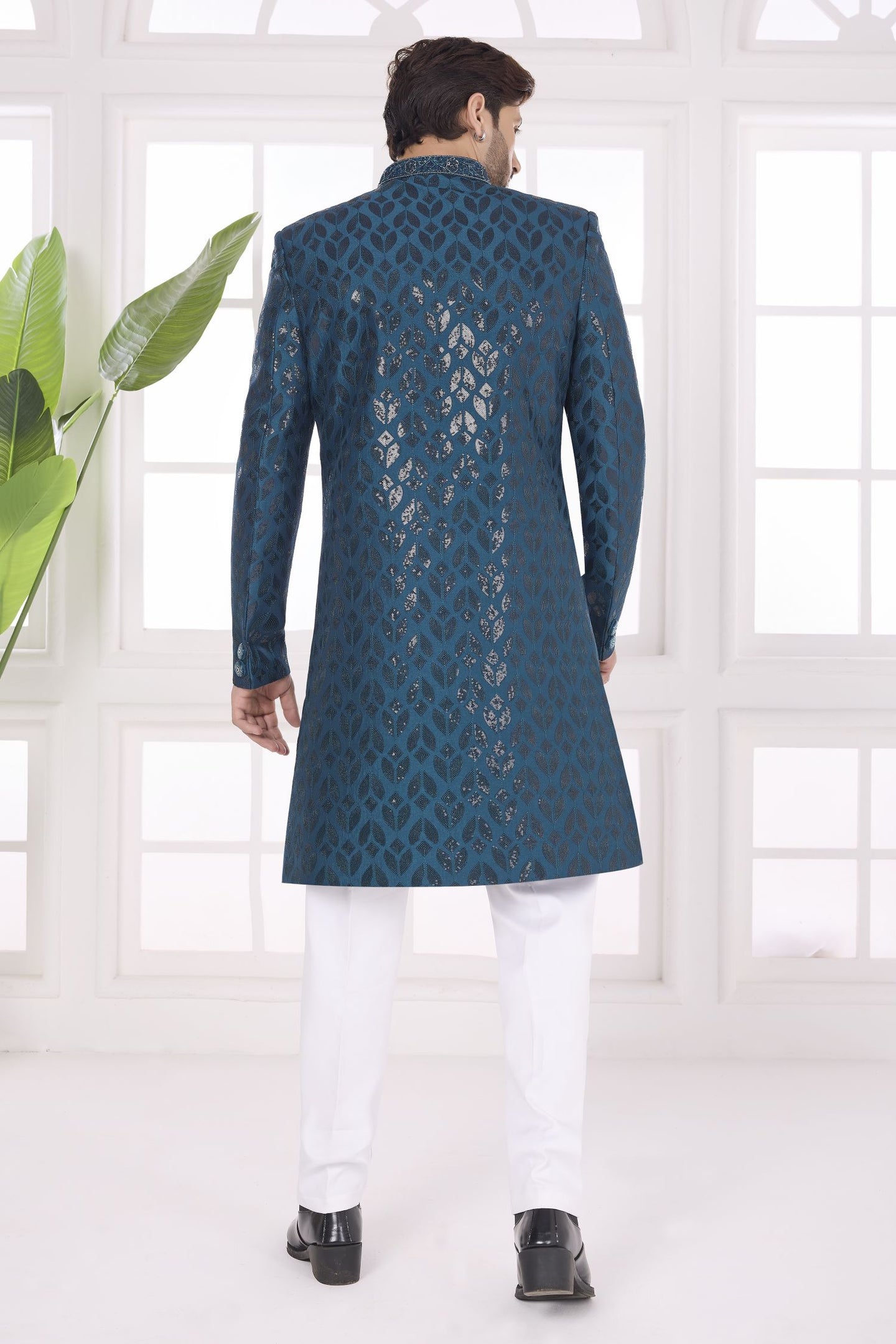 Dark Rama Art Silk Thread Embroidery Sherwani Kurta Set for Men & Pajama