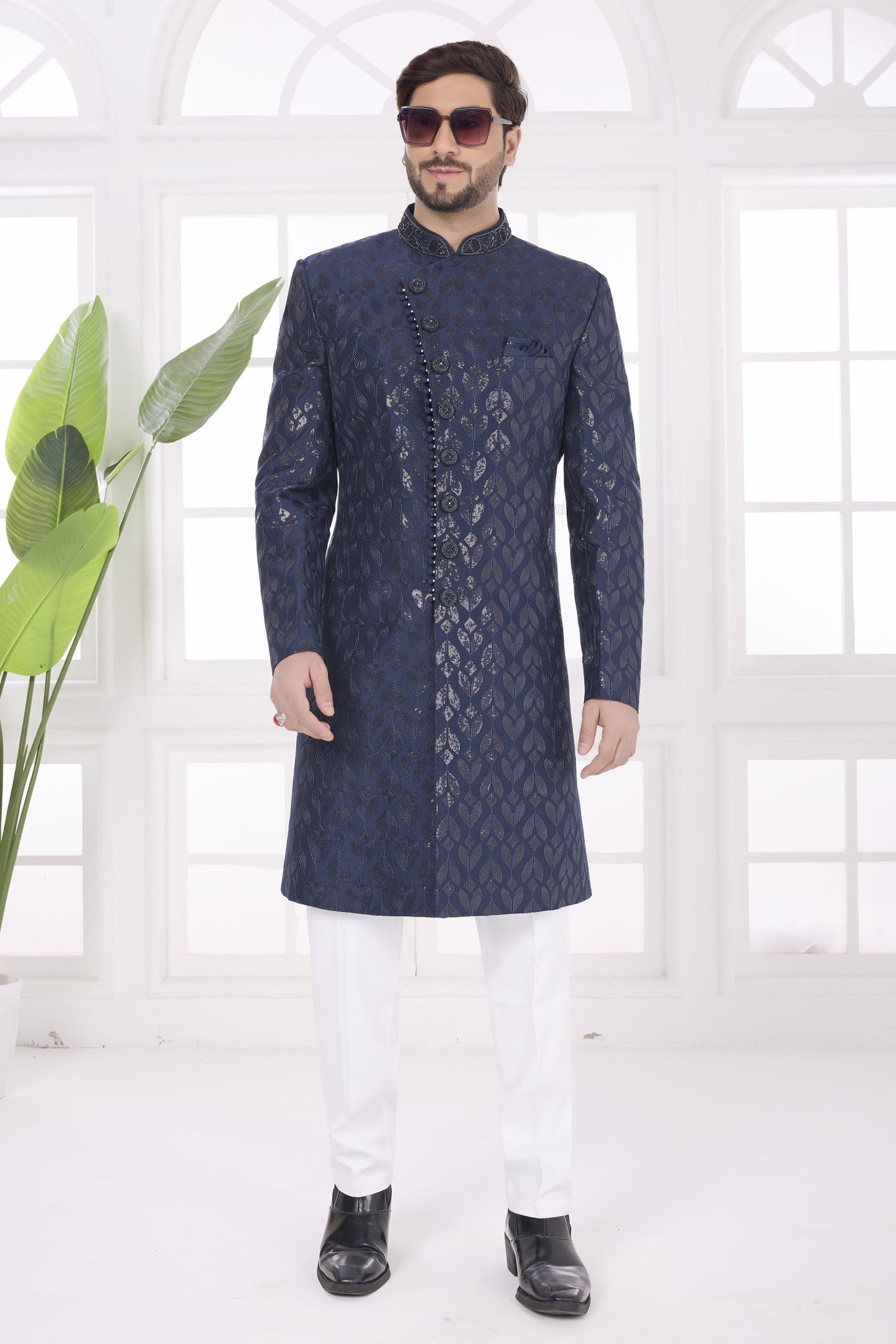 Navy Blue - 2 Art Silk Sherwani Kurta Mens Wear & Pajama with Thread Embroidery Work