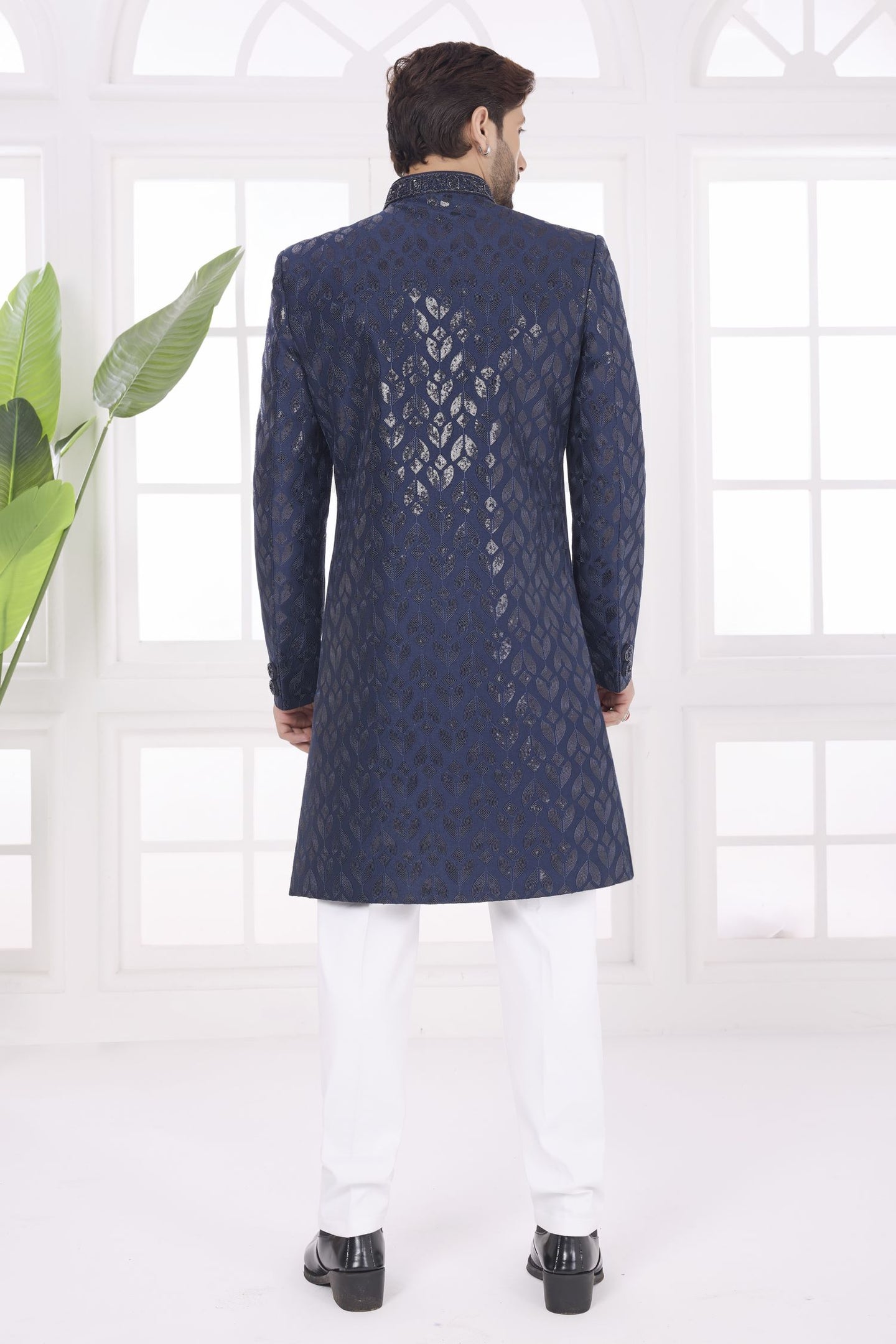 Navy Blue - 2 Art Silk Sherwani Kurta Mens Wear & Pajama with Thread Embroidery Work