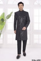 Black Art Silk Sherwani Mens Kurta for Wedding & Pajama