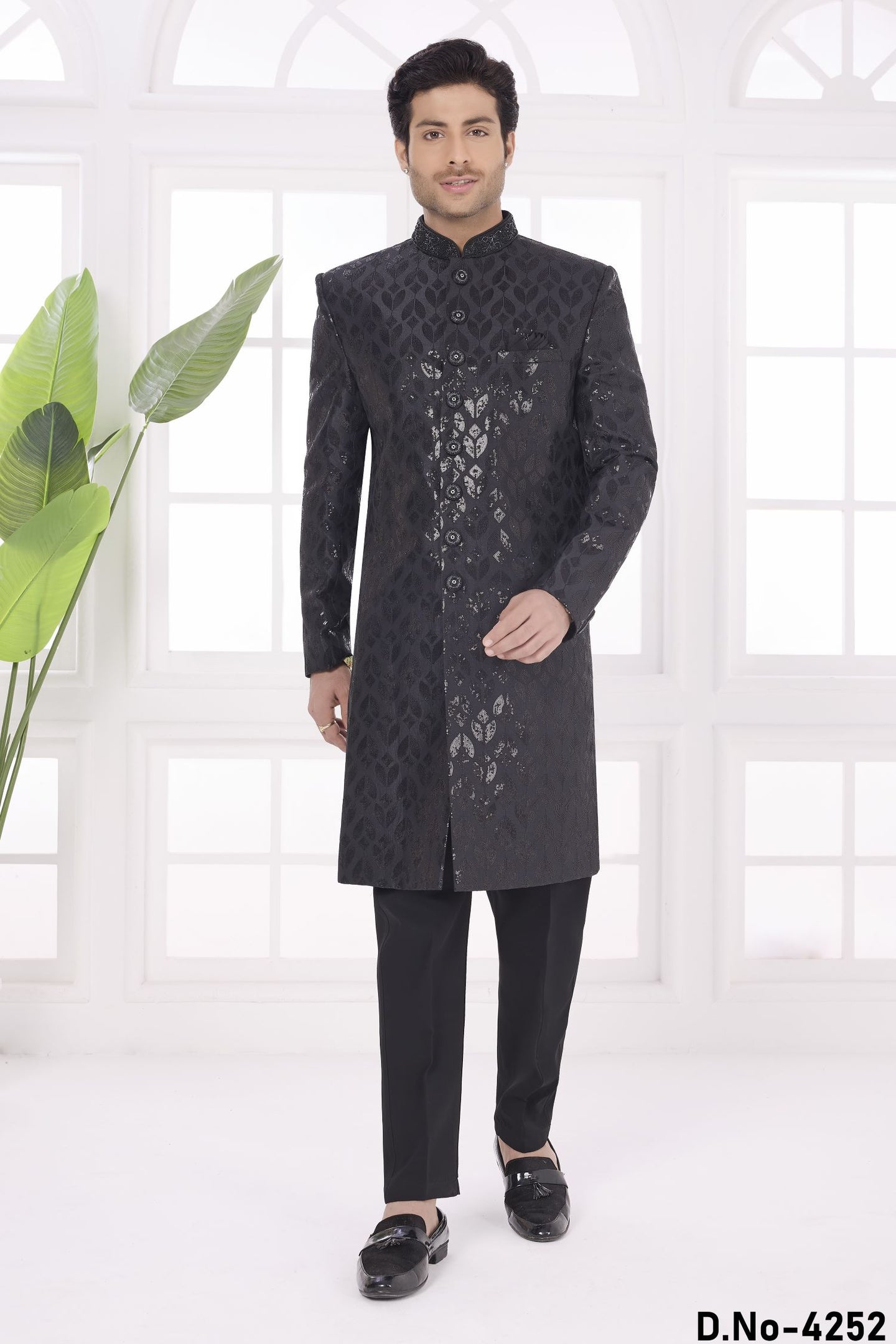 Black Art Silk Sherwani Mens Kurta for Wedding & Pajama