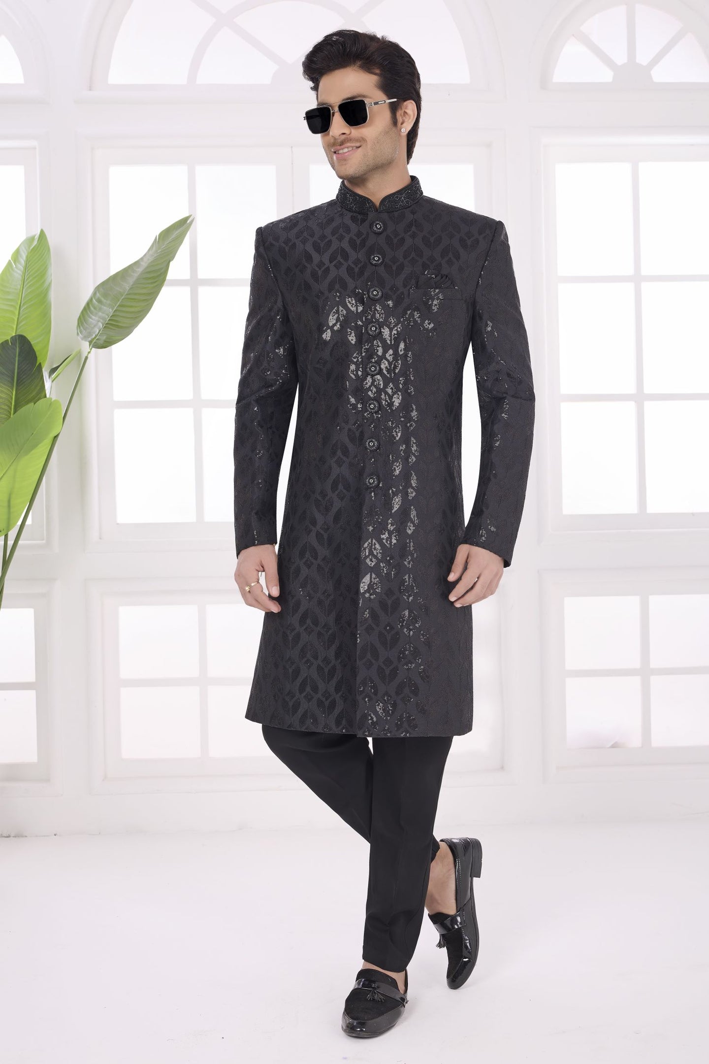 Black Art Silk Sherwani Mens Kurta for Wedding & Pajama