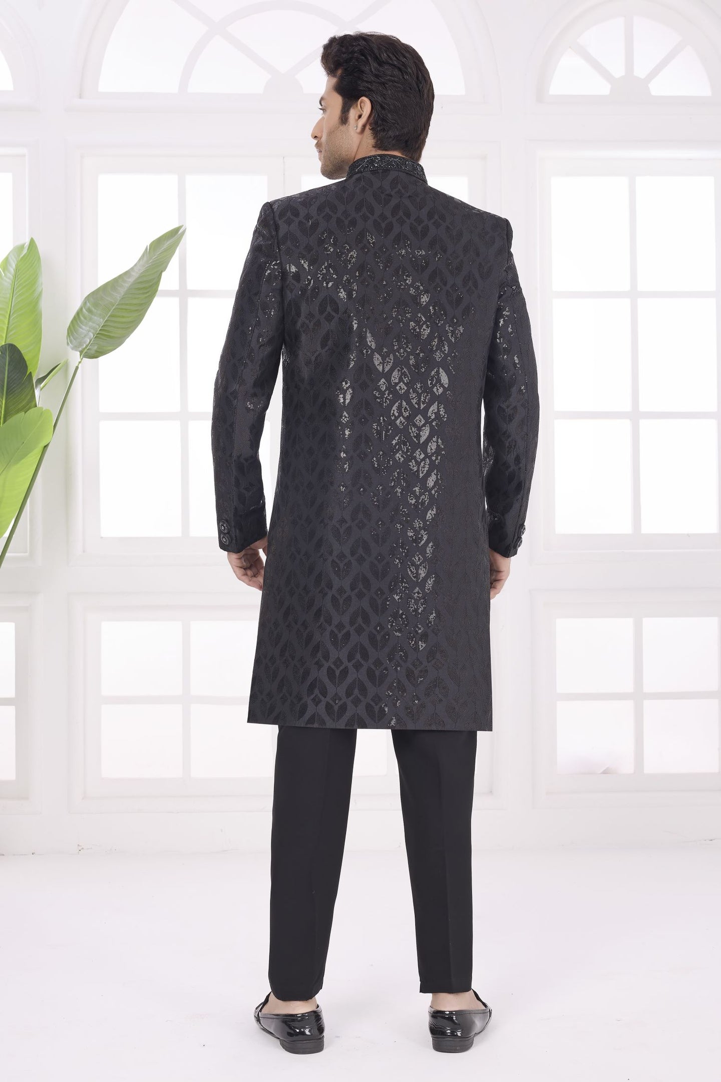 Black Art Silk Sherwani Mens Kurta for Wedding & Pajama