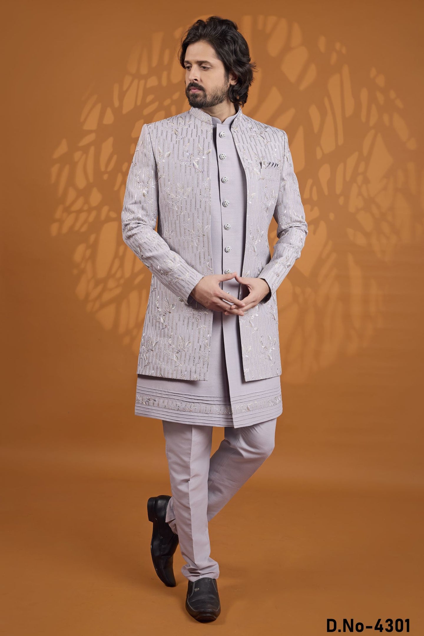 Purple Grey 3 Piece Sherwani for Men Wedding in Art Silk & Thread Work