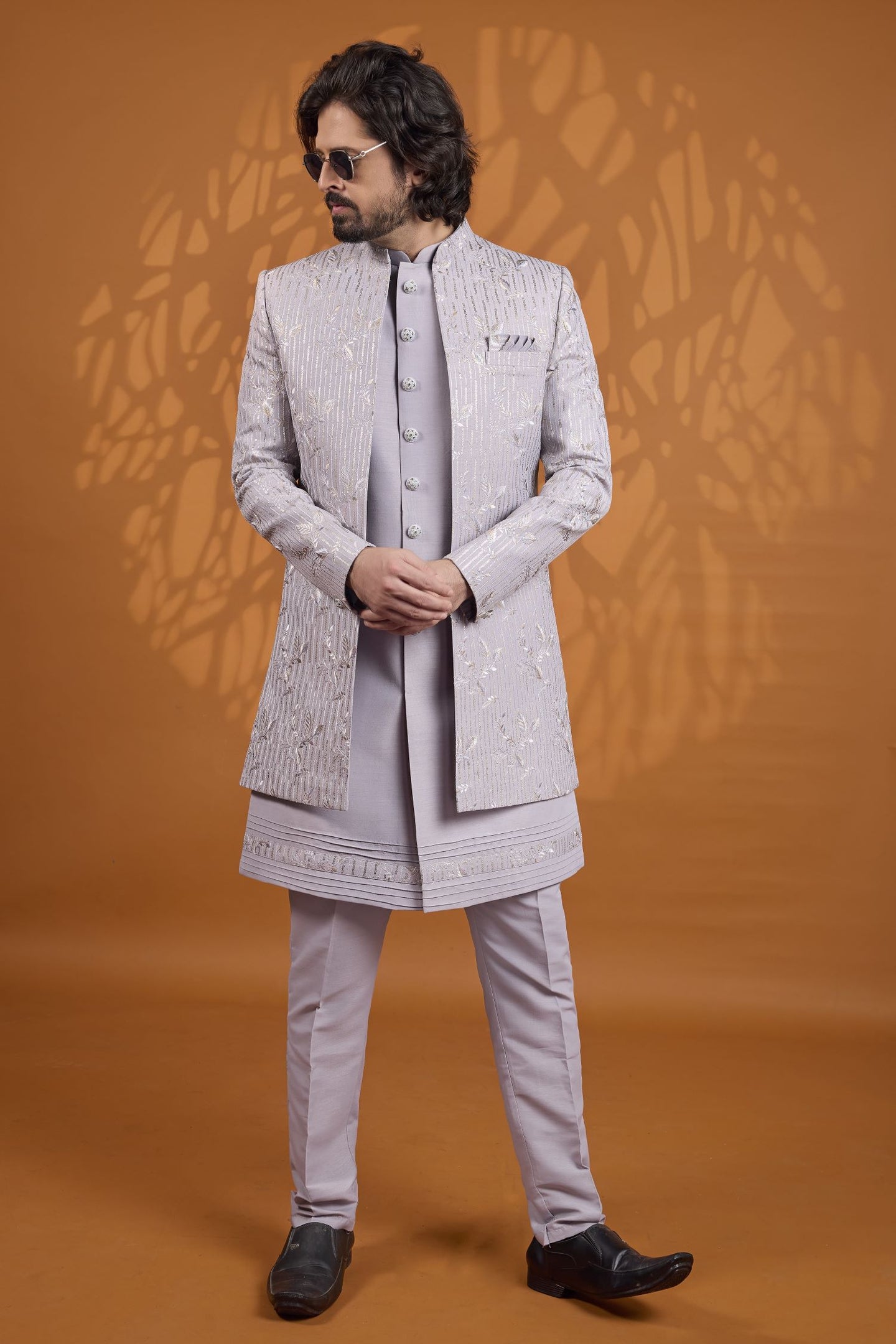 Purple Grey 3 Piece Sherwani for Men Wedding in Art Silk & Thread Work