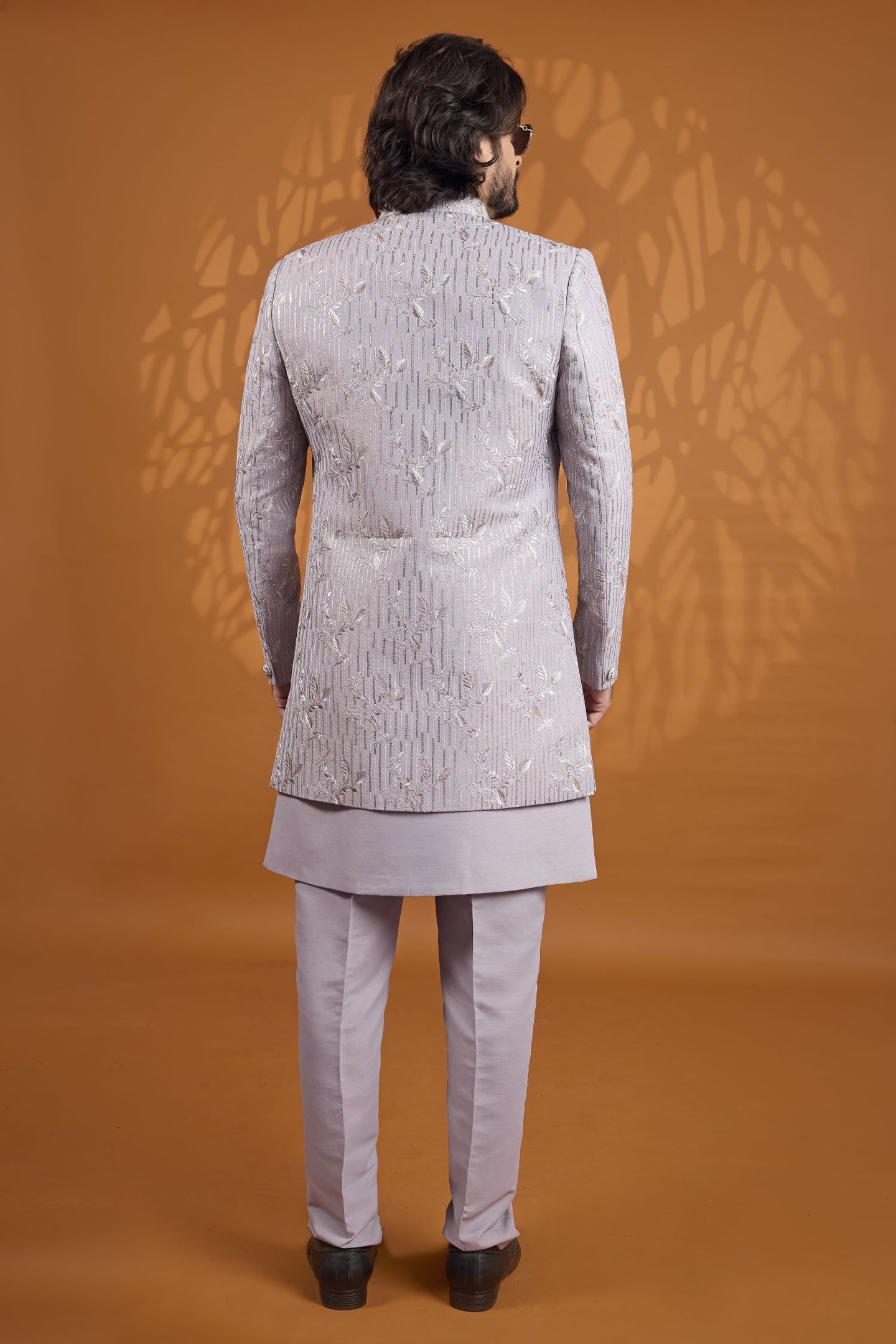 Purple Grey 3 Piece Sherwani for Men Wedding in Art Silk & Thread Work