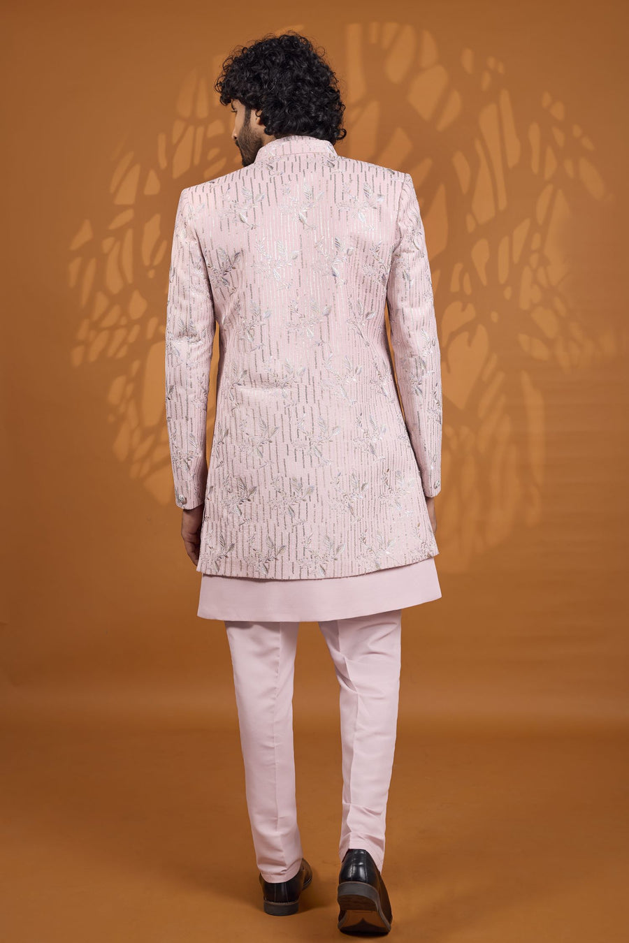 Pink Art Silk 3 Piece Sherwani for Men Wedding with Thread Work