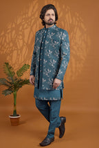 Teal Art Silk Sherwani for Men Wedding with Thread Work