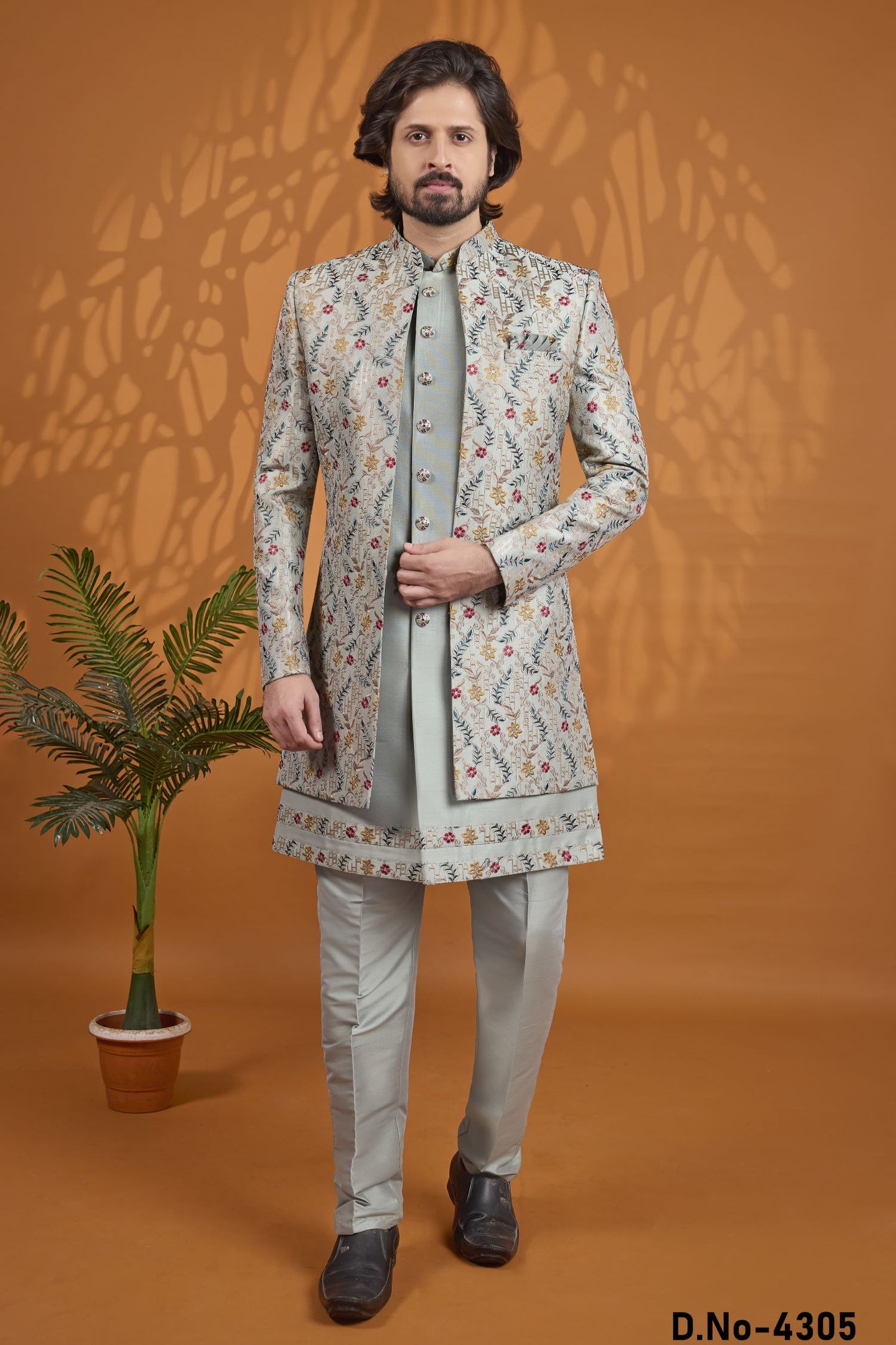 3 Piece Sherwani for Men Wedding in Grey Green Art Silk - Thread Work