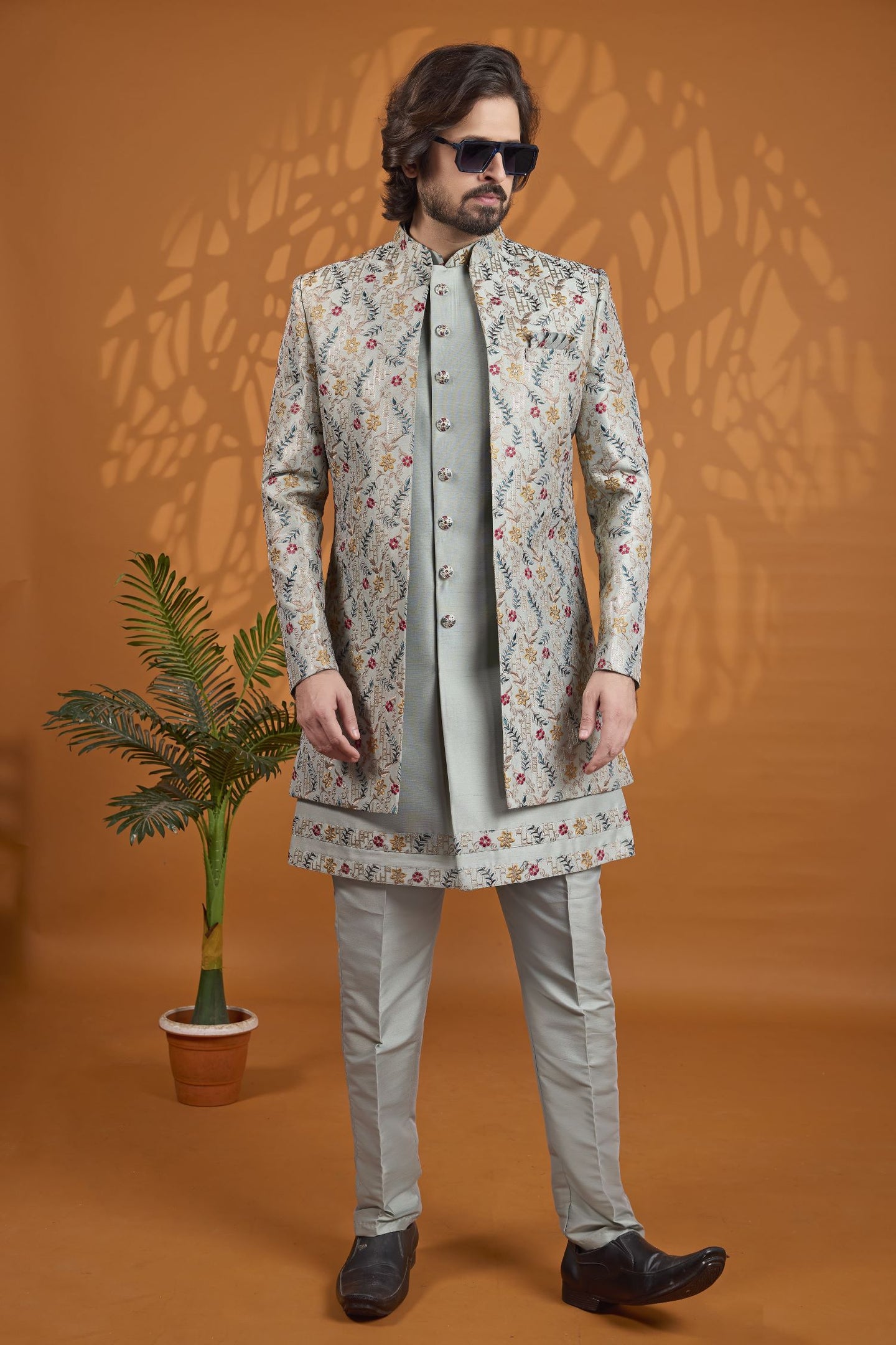 3 Piece Sherwani for Men Wedding in Grey Green Art Silk - Thread Work
