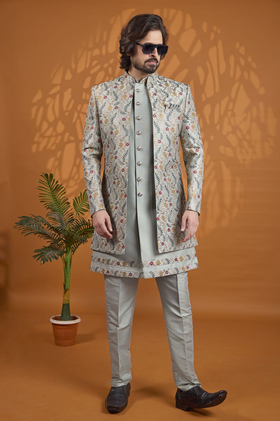 Dusty Green Art Silk Sherwani for Men Wedding with Thread Work