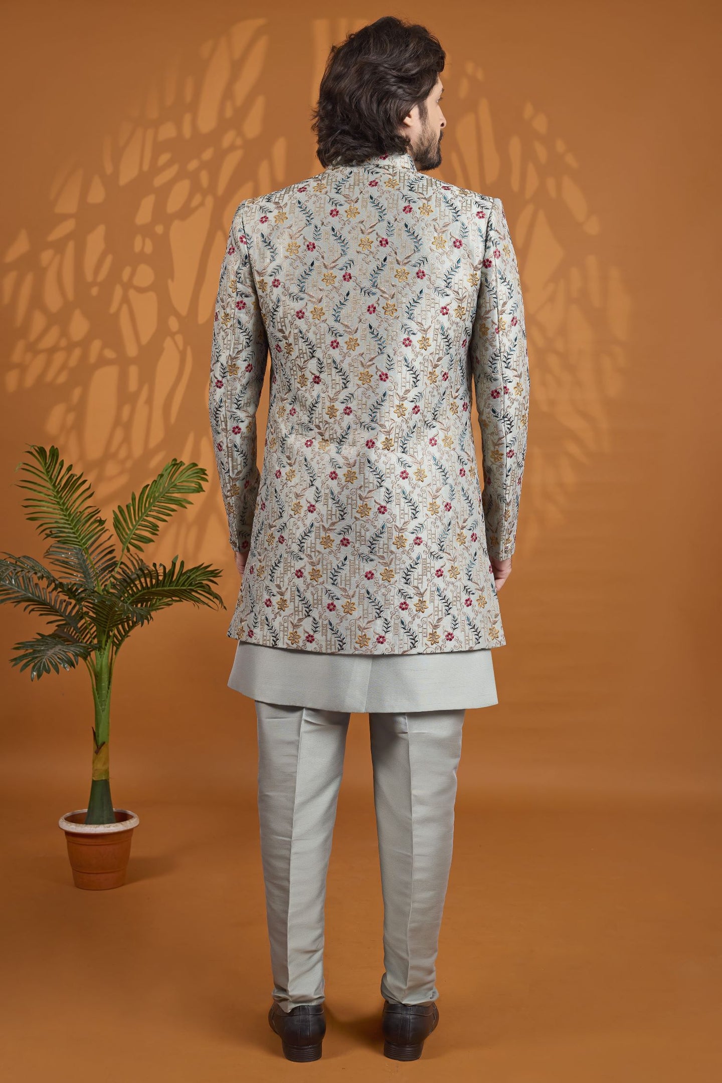 3 Piece Sherwani for Men Wedding in Grey Green Art Silk - Thread Work