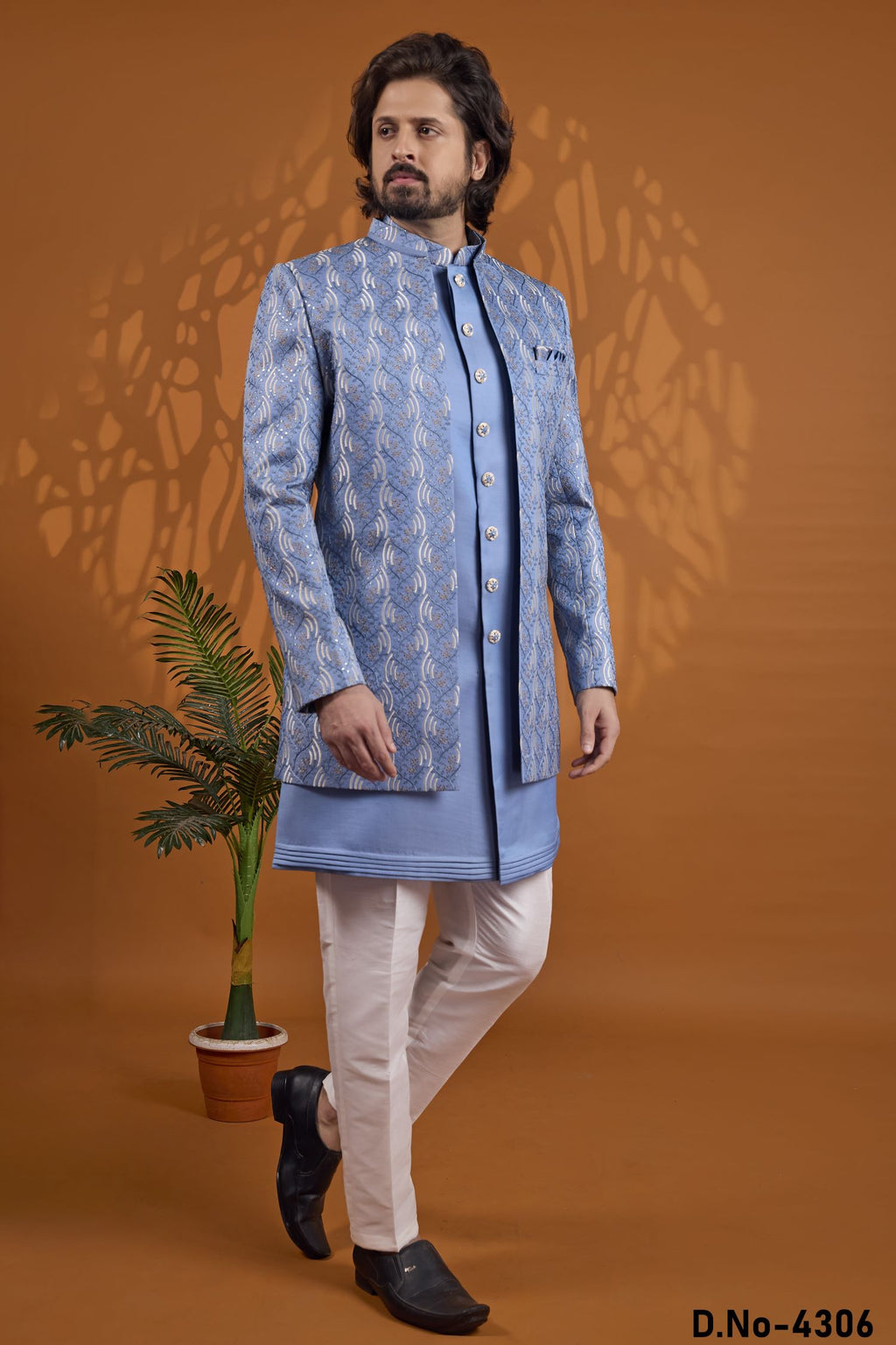 Blue Art Silk Thread Embroidery Sherwani for Men Wedding