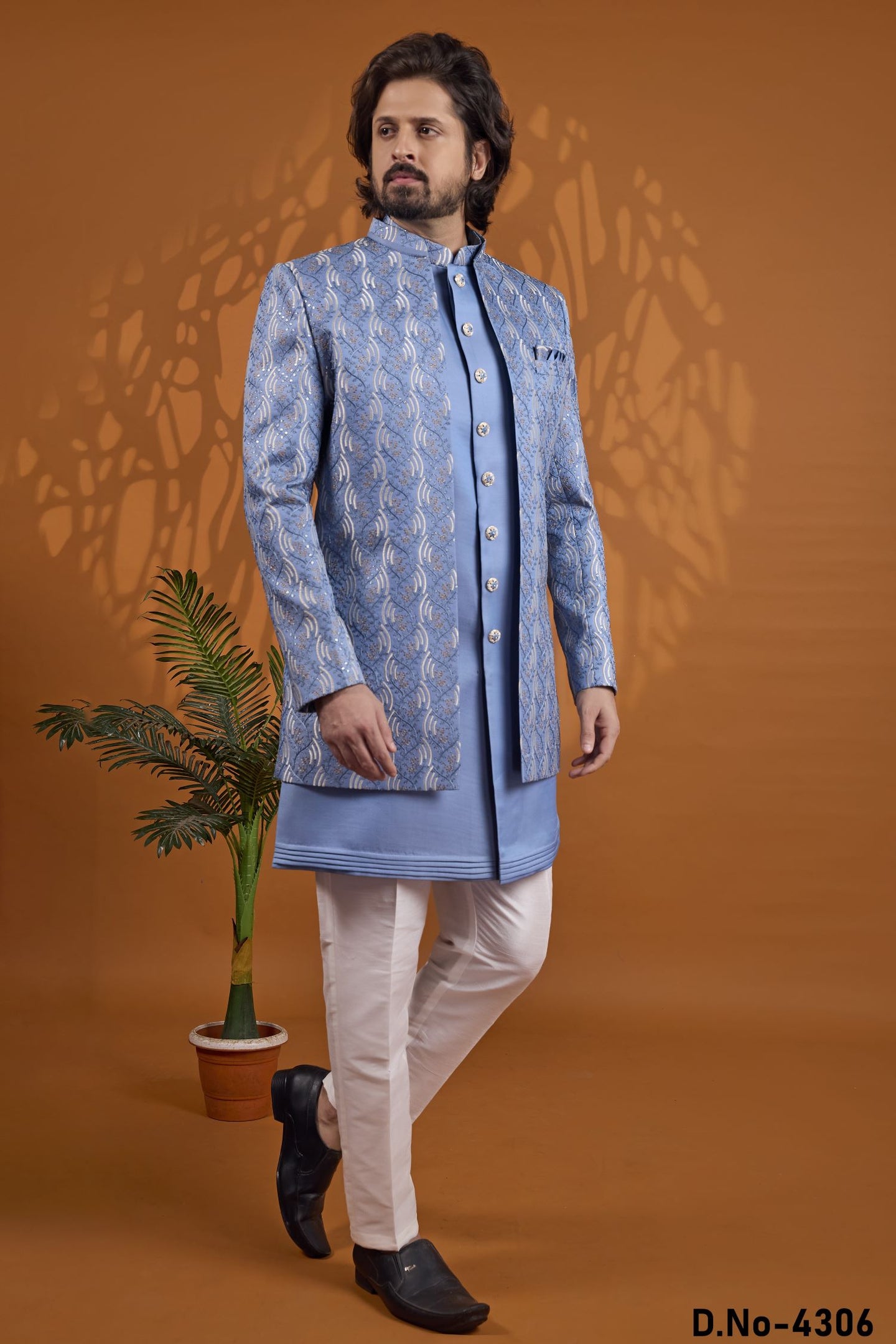 Blue Thread Embroidery Sherwani for Men Wedding - 3 Piece Set