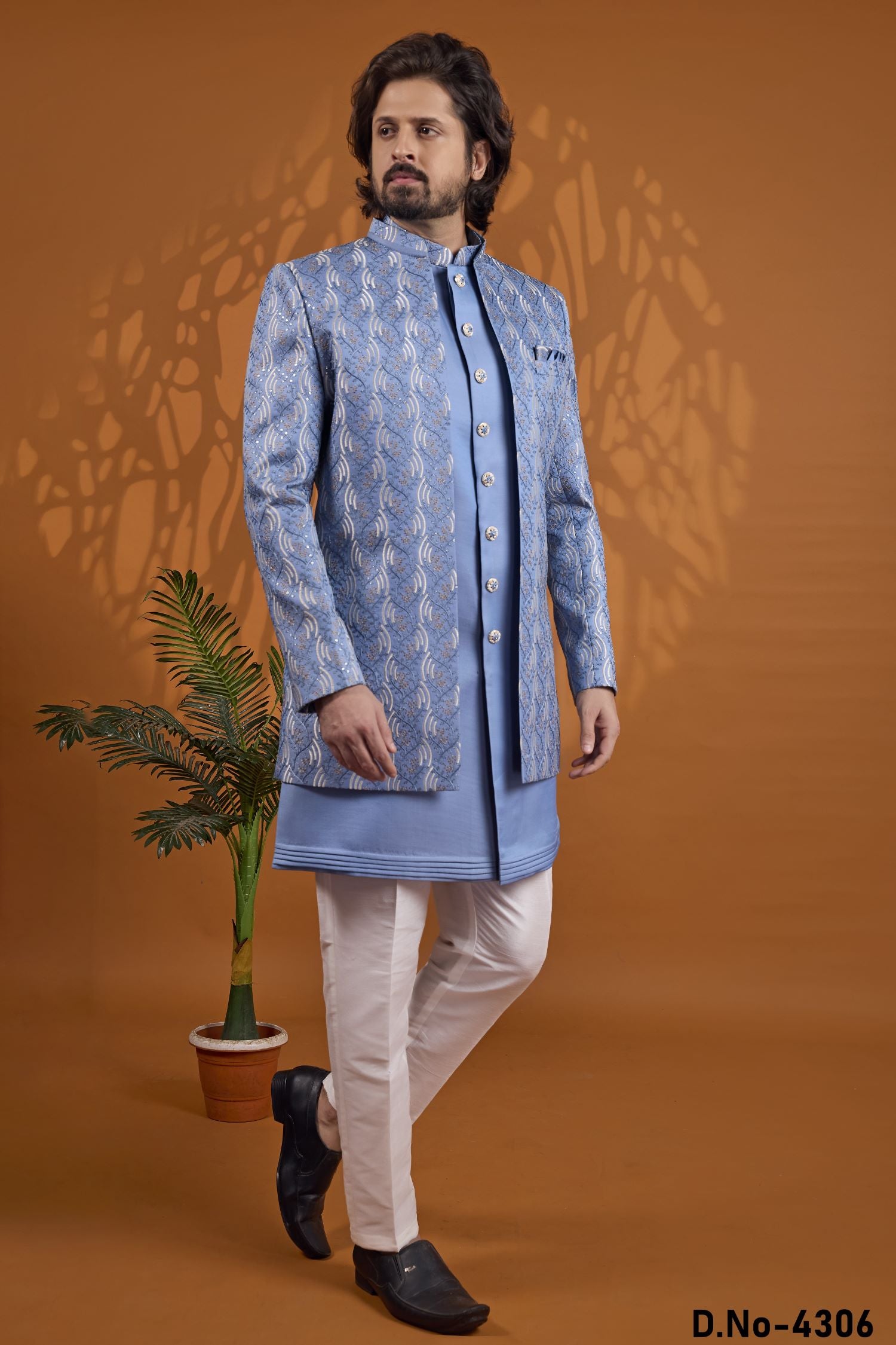 Blue Thread Embroidery Sherwani for Men Wedding - 3 Piece Set