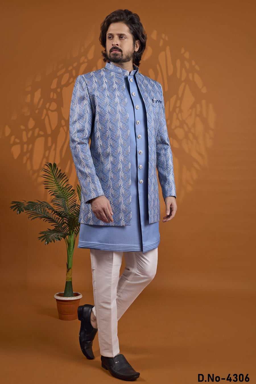 Blue Art Silk Thread Embroidery Sherwani for Men Wedding