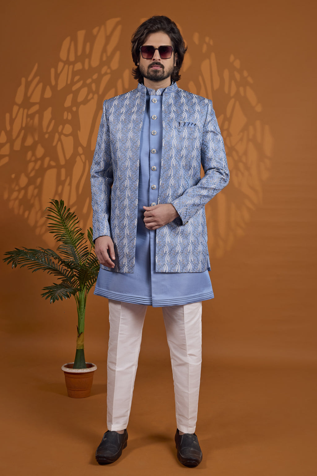 Blue Art Silk Thread Embroidery Sherwani for Men Wedding