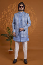Blue Art Silk Thread Embroidery Sherwani for Men Wedding