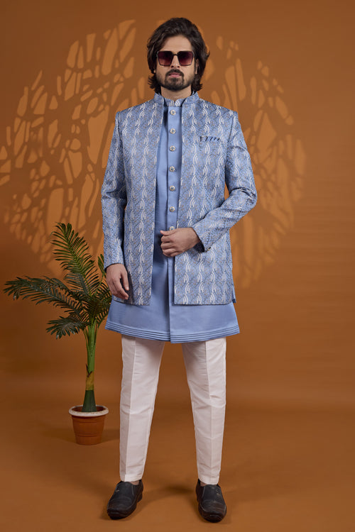 Blue Thread Embroidery Sherwani for Men Wedding - 3 Piece Set
