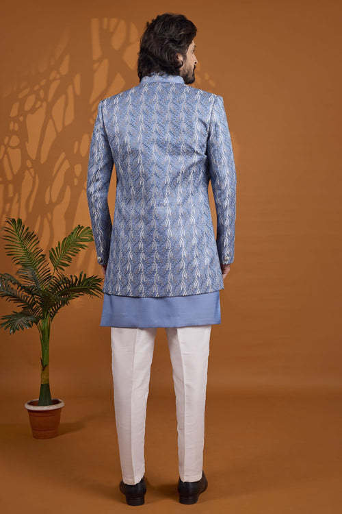 Blue Thread Embroidery Sherwani for Men Wedding - 3 Piece Set