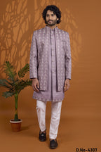Purple Art Silk 3 Piece Sherwani for Men Wedding with Thread Embroidery