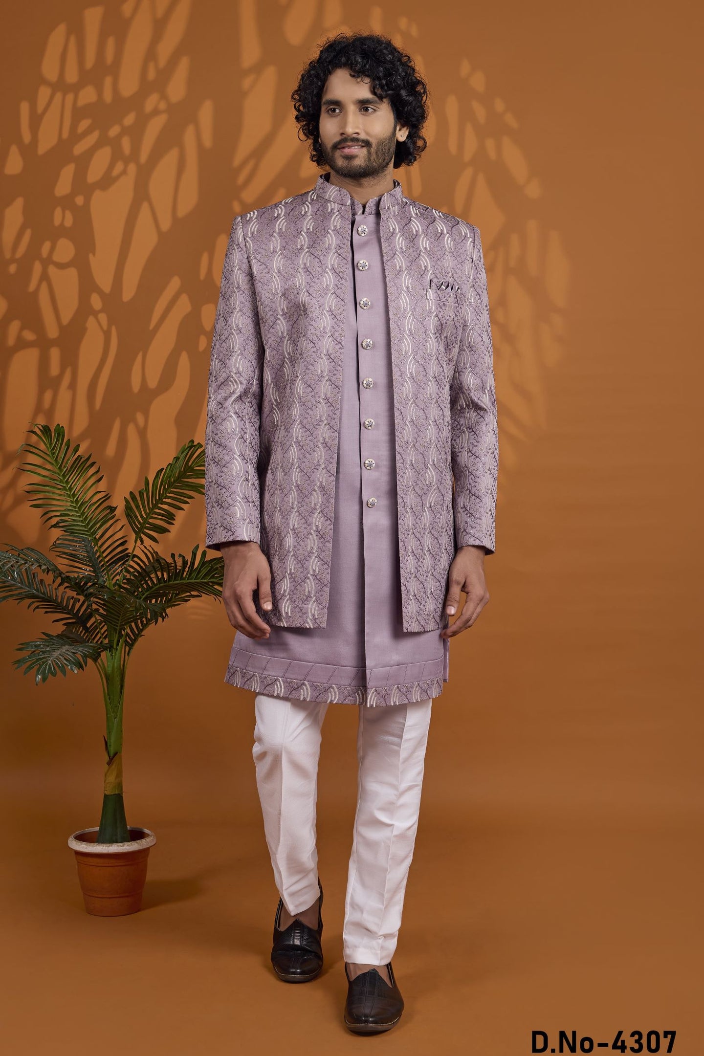 Lavender Art Silk 3 Piece Sherwani for Men Wedding with Thread Embroidery