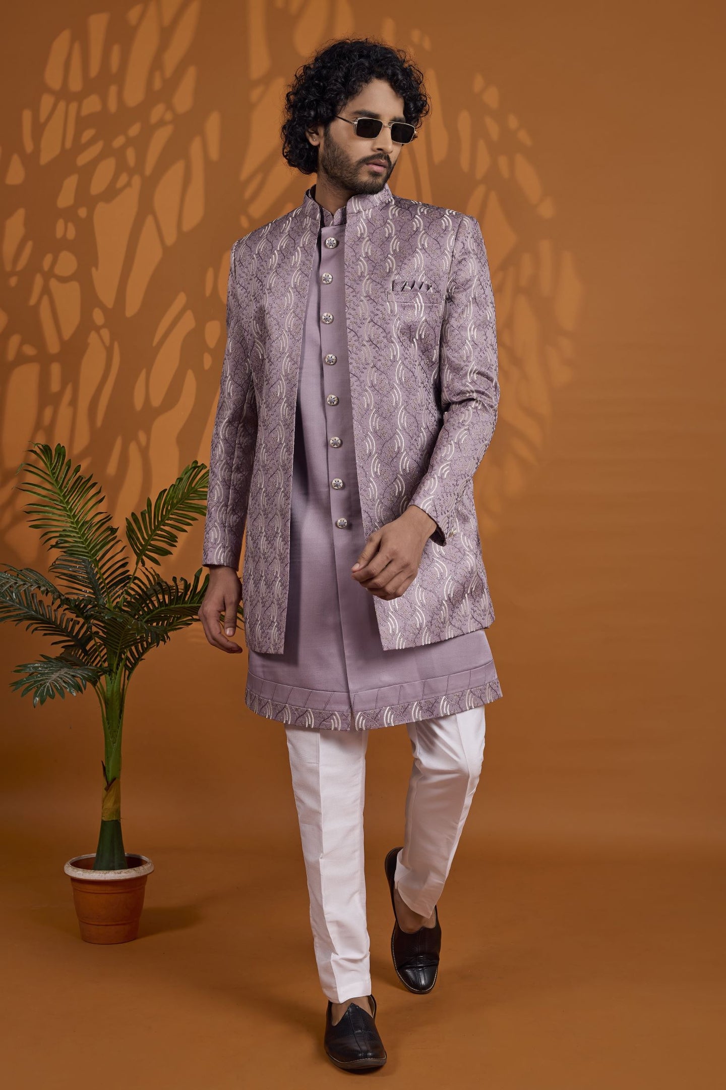 Lavender Art Silk 3 Piece Sherwani for Men Wedding with Thread Embroidery