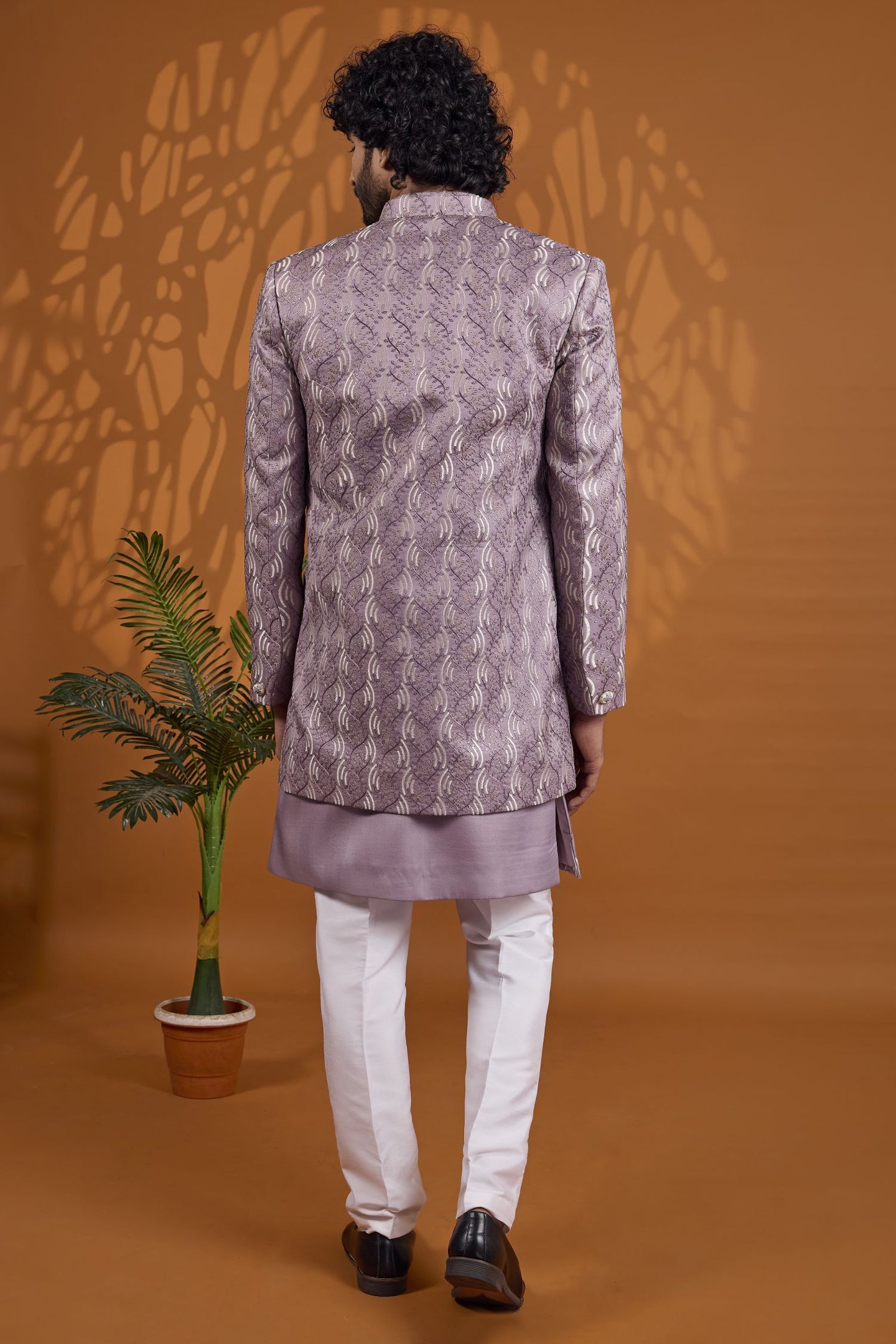 Lavender Art Silk 3 Piece Sherwani for Men Wedding with Thread Embroidery