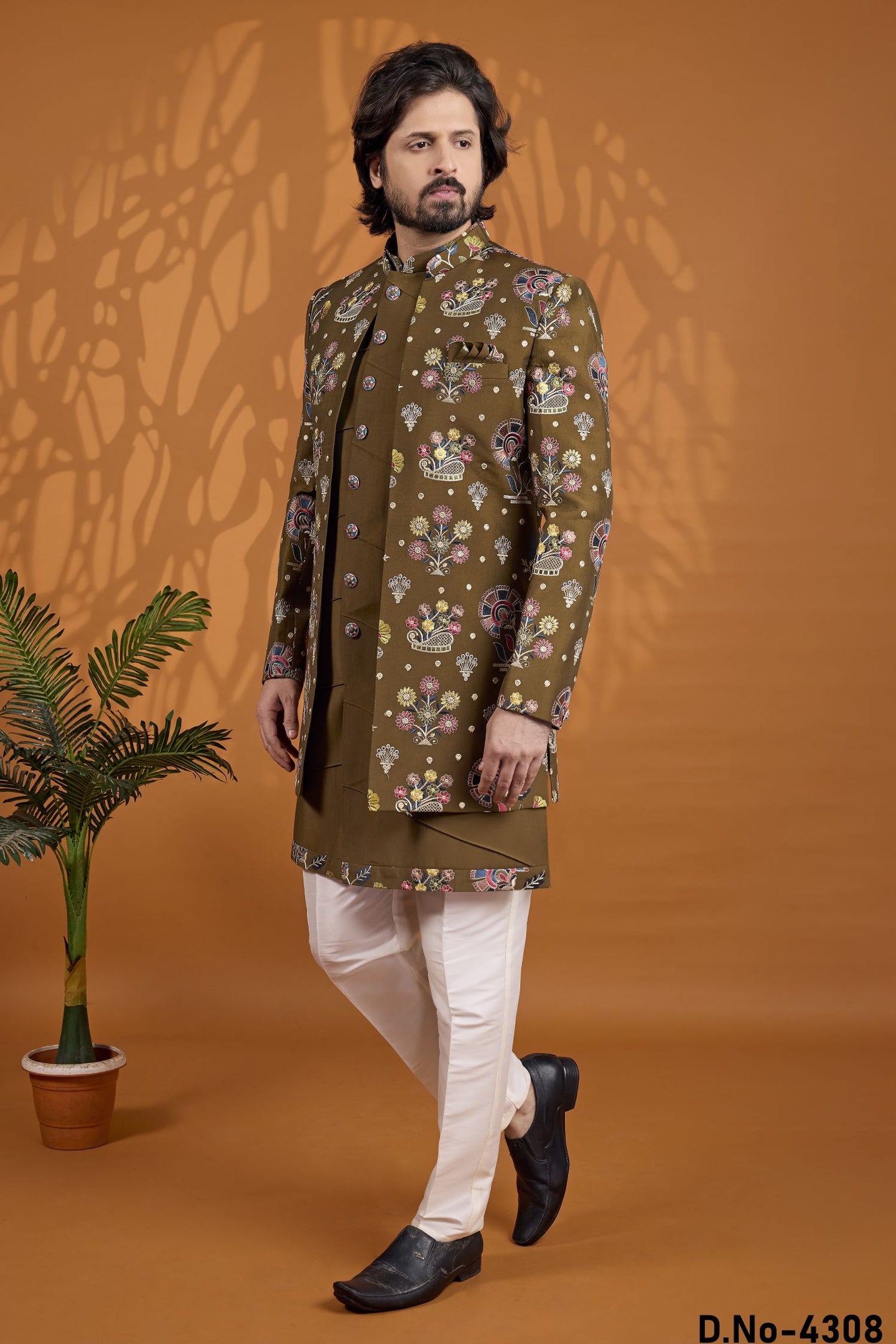 Brown Art Silk Three Piece Sherwani for Men Wedding - Thread Work