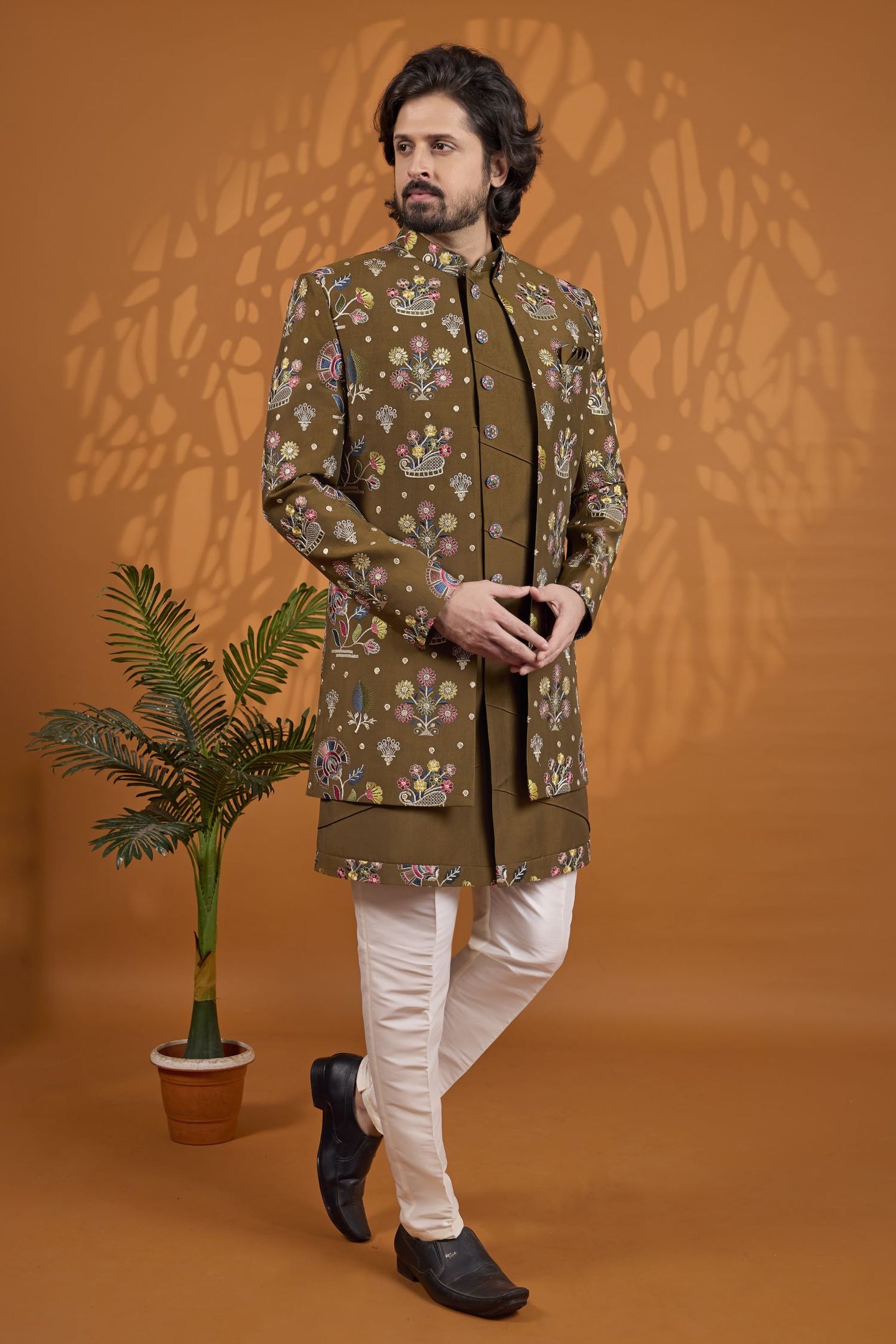 Brown Art Silk Three Piece Sherwani for Men Wedding - Thread Work