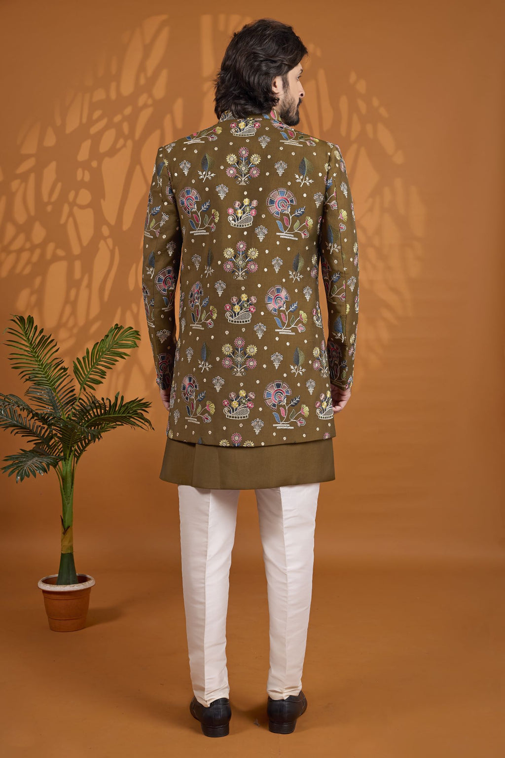 Brown Art Silk 3 Piece Sherwani for Men Wedding with Thread Embroidery Work