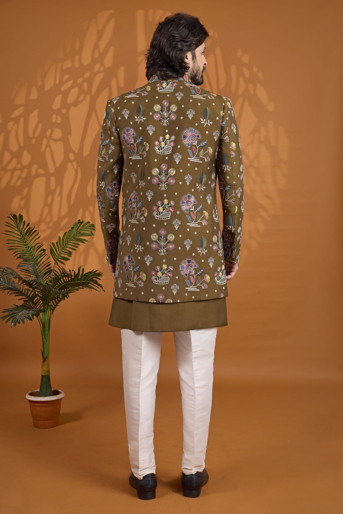 Brown Art Silk Three Piece Sherwani for Men Wedding - Thread Work