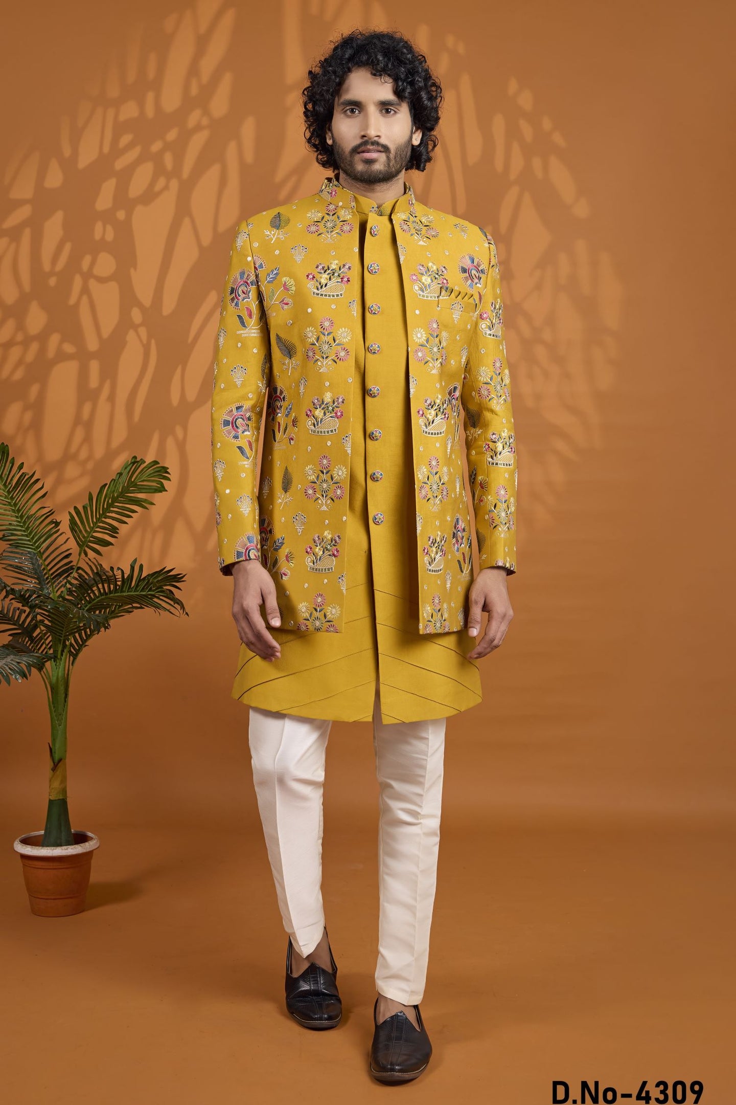 Mustard Yellow 3 Piece Thread Work Sherwani for Men Wedding