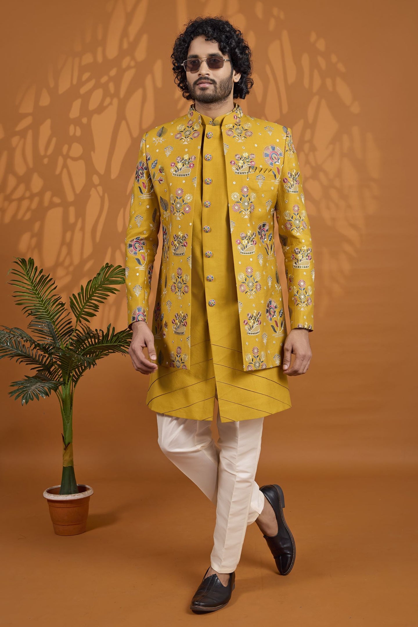 Mustard Yellow 3 Piece Thread Work Sherwani for Men Wedding