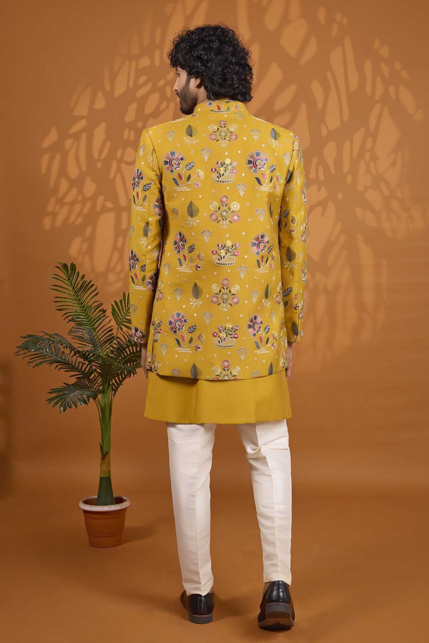 Mustard Yellow 3 Piece Thread Work Sherwani for Men Wedding