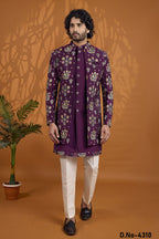 Plum Art Silk Thread Embroidery Sherwani for Men Wedding